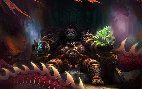 Monk of World of Warcraft วอลเปเปอร์, มายากล, มังกร, ศิลปะ, แพนด้า, World of Warcraft, บัลลังก์, Mists of Pandaria, วอลล์เปเปอร์ HD HD wallpaper