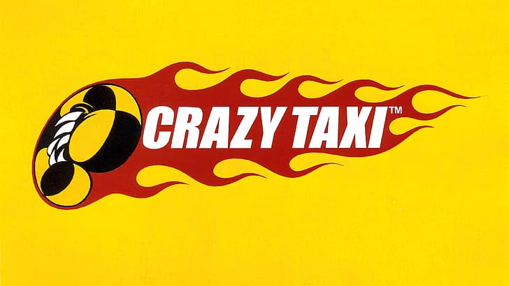 Crazy Taxi 3, logo, Sega, taxi, juegos antiguos, años 90, arte de videojuegos, obras de arte, amarillo, fondo amarillo, fondo simple, Fondo de pantalla HD