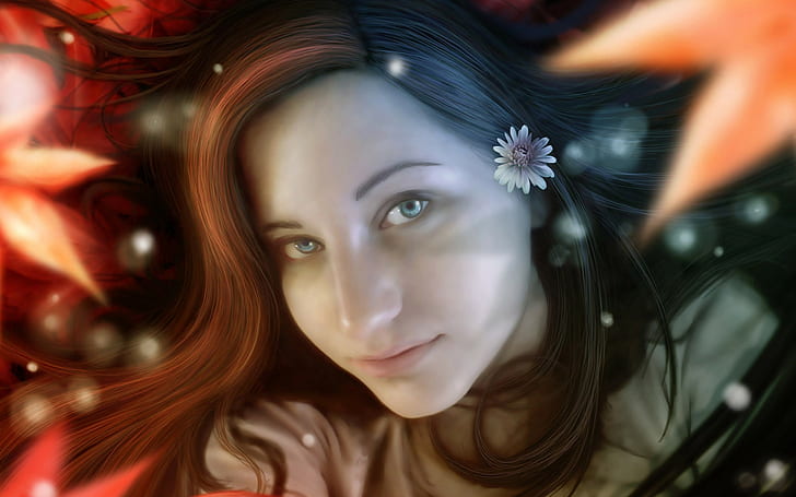 Fantasiekunst, Gesicht, Blume im Haar, Fantasiemädchen, HD-Hintergrundbild