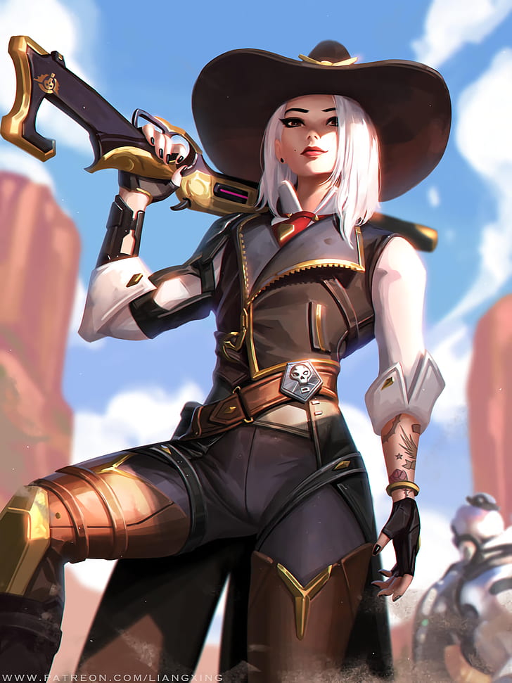 Ashe (Overwatch), Overwatch, cowboys, blonde, Liang Xing, Liang-Xing, girls with guns, portrait display, HD tapet, telefon tapet