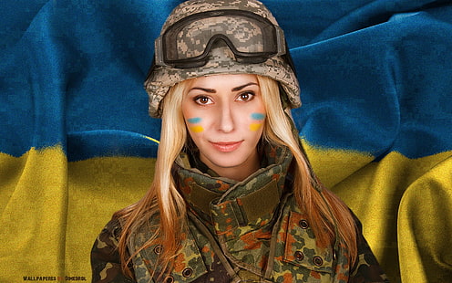 момиче, флаг, блондинка, форма, Украйна, военни, украински, HD тапет HD wallpaper