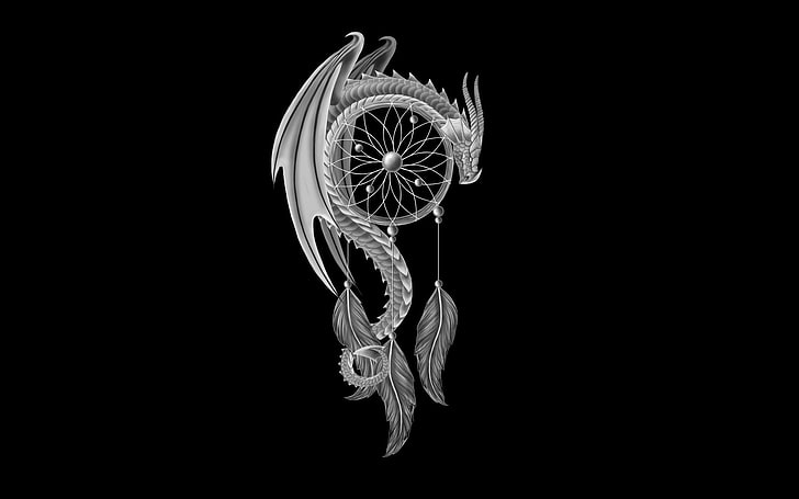 белый дракон, мечта, иллюстрация, дракон, минимализм, перья, черный фон, ловец снов, HD обои