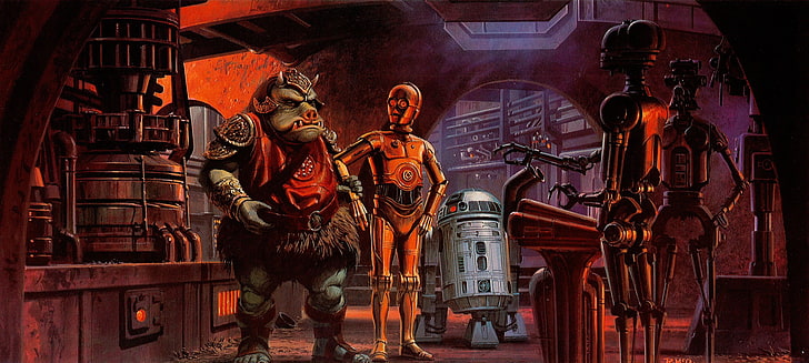 스타 워즈 디지털 벽지, 스타 워즈, 삽화, C-3PO, 공상 과학 소설, jabbas 궁전, R2-D2, gamorrean guard, HD 배경 화면