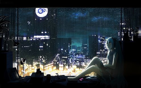 personagem de anime feminino de cabelos azuis longos, personagem de anime feminino de cabelos azuis, paisagem urbana, cidade, desenho, futurista, meninas anime, arte de fantasia, chuva, Hatsune Miku, vocaloid, HD papel de parede HD wallpaper