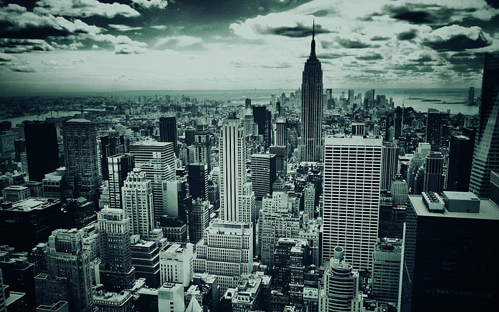 veduta aerea di grattacielo, paesaggio urbano, monocromatico, New York City, Sfondo HD