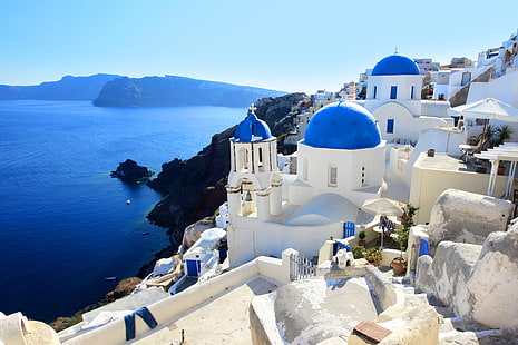 Santorini, Grecja, morze, krajobraz, natura, dom, Santorini, Grecja, Tapety HD HD wallpaper