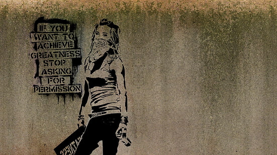 mulher segurando a ilustração do frasco de spray, grafite, mulheres, Banksy, trabalho artístico, texto, citação, minimalismo, inspirado, parede, cachecol, HD papel de parede HD wallpaper