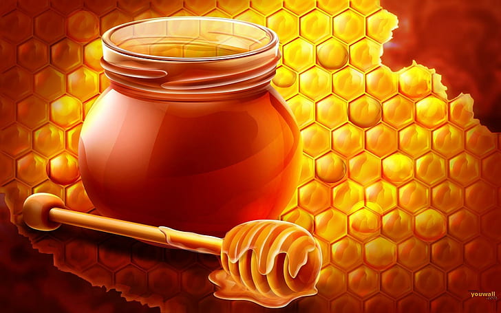 قرص العسل ، العسل ، قرص العسل ، الزجاجات ، اللزوجة ، الطعام ، الحلاوة ، العصا ، ثلاثي الأبعاد والملخص، خلفية HD