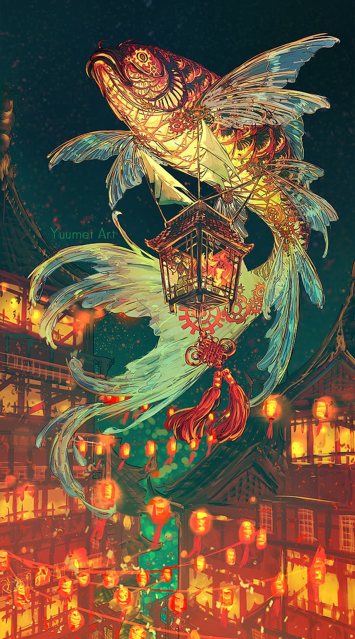 lantern, Common carp, Chinese knotting, Yuumei, HD wallpaper