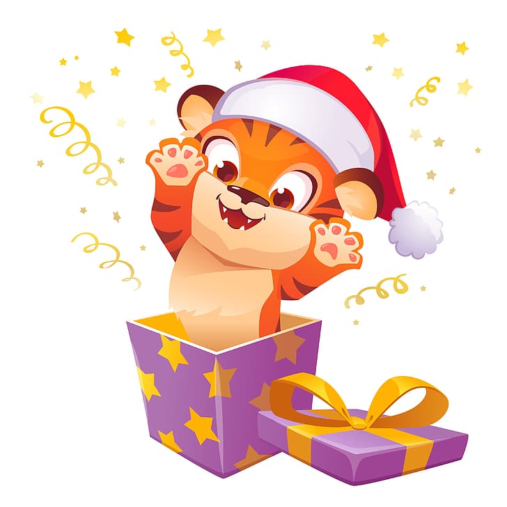 Cute, Tiger, Kitty, Smile, Hat, New year, Cub, Baby, Box, 2022, Год Тигра, HD wallpaper