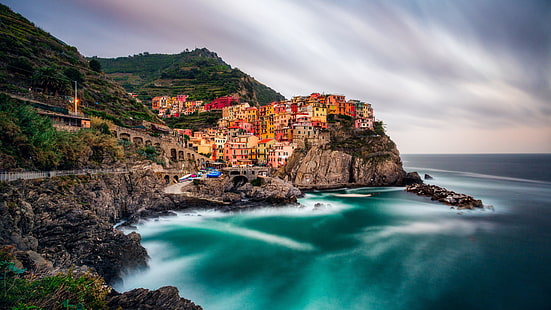 skała, Liguria, wioska, miasteczko rybackie, morze śródziemne, europa, turystyka, brzeg, cinque terre, cypel, włochy, klif, cypel, niebo, woda, manarola, natura, wybrzeże, morze, Tapety HD HD wallpaper