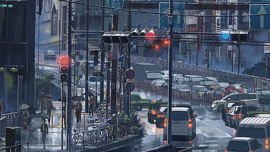 tráfico, lluvia, Japón, el jardín de palabras, Makoto Shinkai, calle, paisaje urbano, detallado, Fondo de pantalla HD HD wallpaper