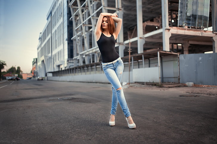 women's black tank top and blue distressed jeans, women, redhead, hips, body lingerie, jeans, armpits, arms up, high heels, closed eyes, urban, street, torn jeans, women outdoors, Dmitry Shulgin, Katya, HD wallpaper