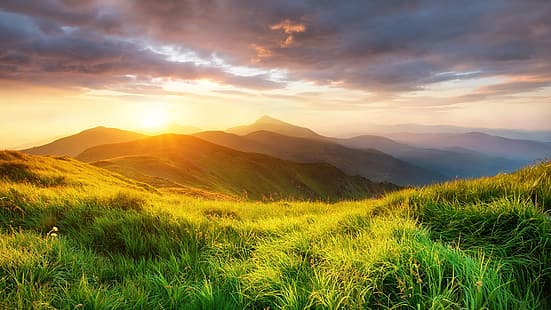 alam, pemandangan, pegunungan, awan, matahari terbenam, rumput, langit, kabut, Pegunungan Carpathian, Ukraina, Wallpaper HD HD wallpaper