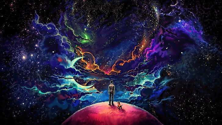 niebiesko-fioletowa tapeta z kosmiczną gwiazdą, człowiek i pies stojący na szczycie planety, malarstwo, fantasy, grafika, fan art, science fiction, grafika koncepcyjna, ciemność, gwiazdy, przestrzeń, sztuka cyfrowa, Tapety HD