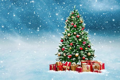 Ёлка и подарки обои, зима, снег, шарики, игрушки, елка, Новый год, рождество, подарки, украшения, веселые, HD обои HD wallpaper