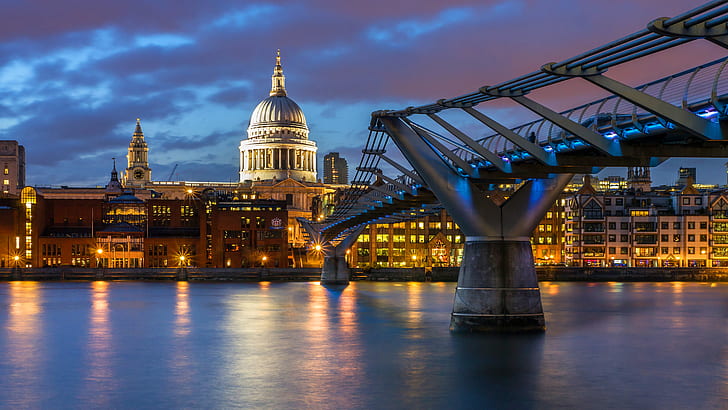 Мосты, Мост Тысячелетия, Архитектура, Мост, Лондон, Ночь, Собор Святого Павла, Темза, HD обои