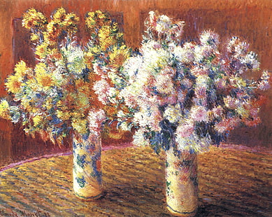 Blumen, Bild, Stillleben, Claude Monet, Zwei Vasen mit Chrysanthemen, HD-Hintergrundbild HD wallpaper