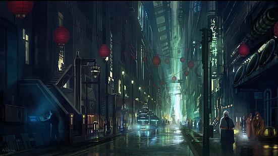 Gebäude und Straße digitale Tapete, Mann zwischen Hochhäusern digitale Tapete, futuristisch, Cyberpunk, Stadtbild, HD-Hintergrundbild HD wallpaper