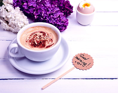 flores, café, mañana, taza, buenos días, lila, Fondo de pantalla HD HD wallpaper
