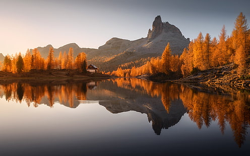 осень, лес, горы, озеро, наволочка озера, HD обои HD wallpaper