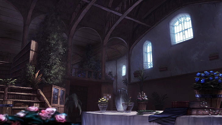 table ronde avec nappe blanche à l'intérieur de la maison blanche, bâtiment, fleurs, Fond d'écran HD