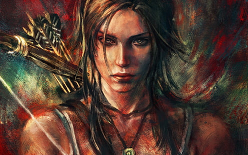 wanita dengan sketsa busur, Lara Croft, Tomb Raider, alicexz, pemanah, video game, kalung, karya seni, Wallpaper HD HD wallpaper