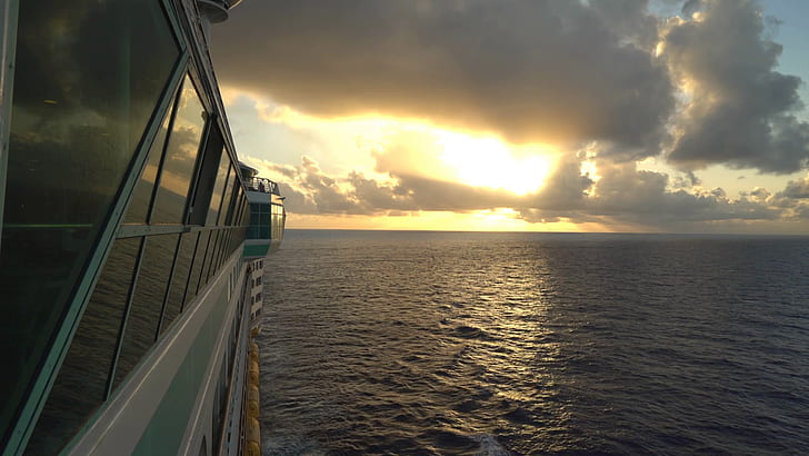 غروب الشمس ، الماء ، السفينة السياحية ، البحر، خلفية HD