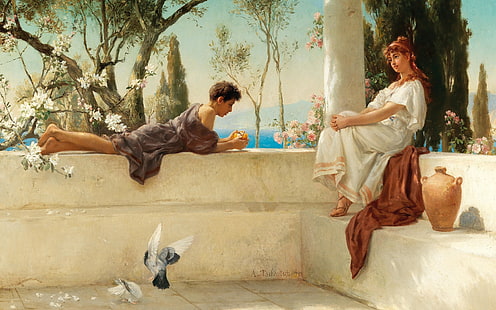  1892, On the terrace, German painter, oil on canvas, Albert Tschautsch, At the veranda, Albert Couch, HD wallpaper HD wallpaper