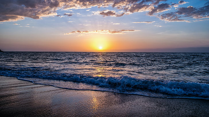 sea, horizon, sky, ocean, sunset, water, shore, sandy beach, wave, sun, cloud, calm, evening, HD wallpaper