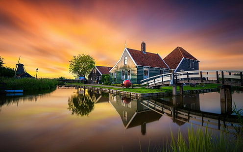 Pays-bas, rivière, moulin, maison, coucher de soleil, pont, Zaanse Schans, Fond d'écran HD HD wallpaper