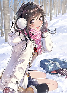 anime, anime girls, brunette, neige, Fond d'écran HD HD wallpaper
