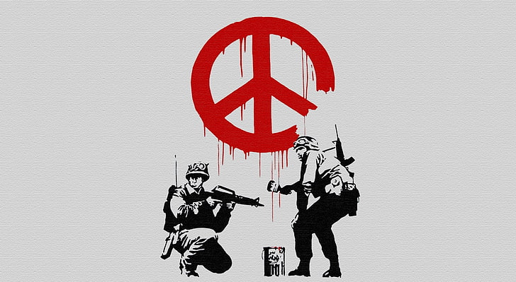 Banksy Peace, двама души, рисуващи мира знак цифров тапет, Artistic, Графити, улично изкуство на Banky, мир, графити, HD тапет