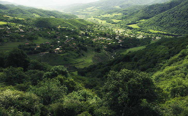 Карабах, Армения, въздушен изглед на село, Природа, Пейзаж, Европа / Други, Зелено, Пейзаж, Дървета, Сцена, Гора, Планини, Къщи, Армения, HD тапет