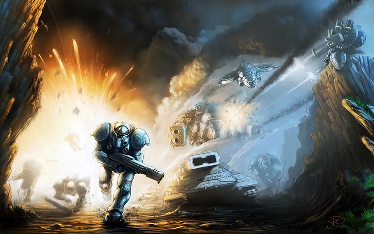 robot illustration, the explosion, weapons, gun, Starcraft 2, infantryman, tanks, HD wallpaper
