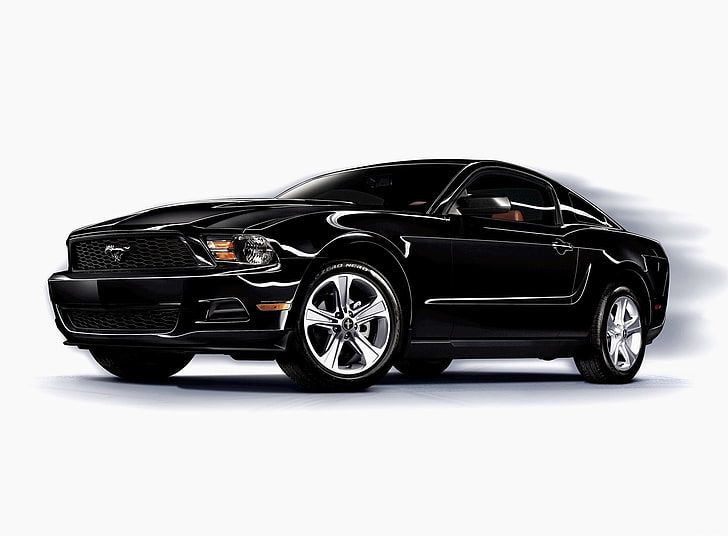 black Ford Mustang coupe, background, black, mustang v6, HD wallpaper