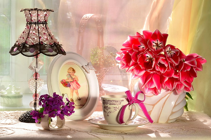 oval white photo frame, flowers, lamp, bouquet, frame, girl, Cup, tulips, bow, lampshade, HD wallpaper