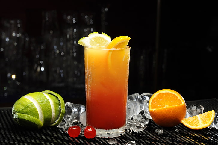 clear highball glass, ice, cherry, glass, orange, juice, cocktail, lime, citrus, FL, HD wallpaper