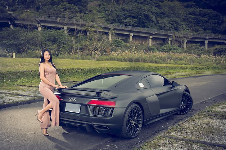 auto, look, Girls, Asian, Audi R8, beautiful girl, Jasmine, posing on the car, HD wallpaper