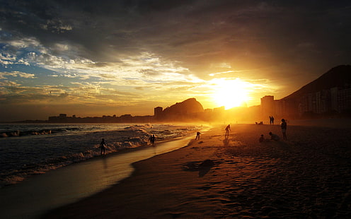 желтый закат, пляж, закат, рио де жанейро, копакабана, HD обои HD wallpaper