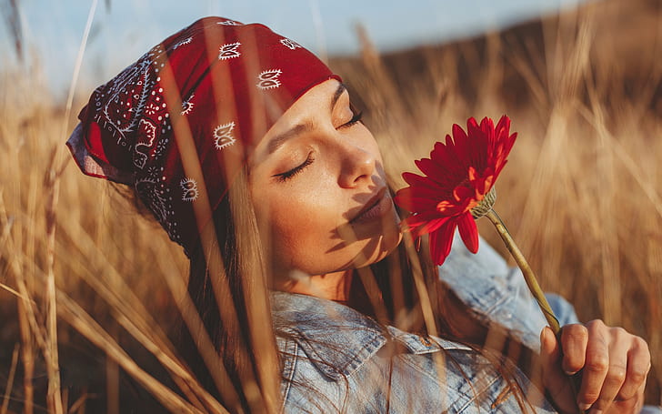 field, flower, girl, the sun, photo, mood, model, shadow, Milenko Dilas, HD wallpaper