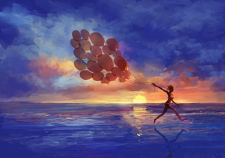 biegnąca kobieta trzyma balony malowanie, morze, dziewczyna, zachód słońca, balony, emocje, sztuka, bieganie, Tapety HD