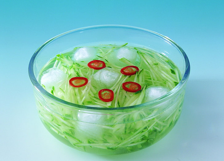 clear glass bowl, food, cabbage, water, cubes, ice, HD wallpaper