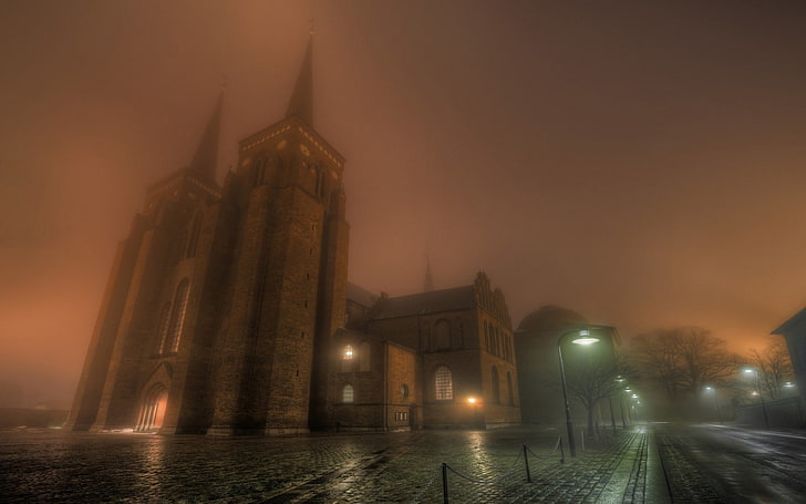 black and gray metal frame, landscape, mist, street light, city, church, temple, urban, cobblestone, architecture, night, Denmark, Roskilde, cathedral, HD wallpaper