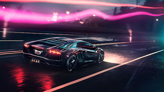 neón, Lamborghini Aventador, coche, vehículo, carretera, Fondo de pantalla HD HD wallpaper
