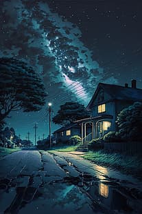 Uomi, AI art, illustration, vertical, starry night, stars, night, house, sky, HD wallpaper HD wallpaper