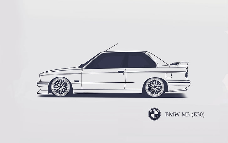 BMW M3 coupe branco, BMW, E30, minimalista, SrCky Design, HD papel de parede