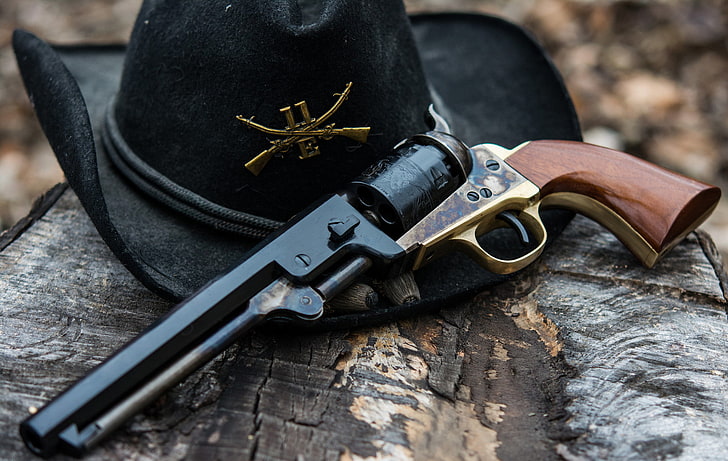 revolver marrone e nero, armi, cappello, revolver, Colt, 1851, replica Uberti, Sfondo HD