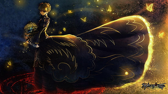 Anime, Umineko: Wenn sie weinen, Beatrice (Umineko no Naku Koro ni), Blond, Schmetterling, Kleid, Nacht, HD-Hintergrundbild HD wallpaper