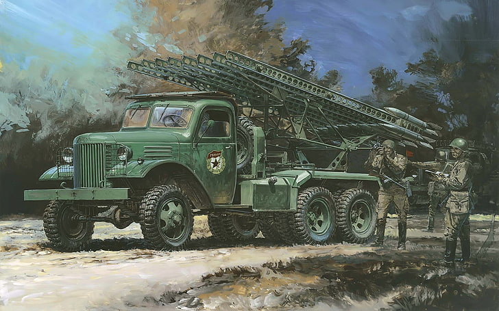 painting of green artillery truck near three armies, machine, figure, art, combat, training, Soviet, WW2, period, Katyusha, night, volley., BM-13, jet, strokes, artillery, HD wallpaper